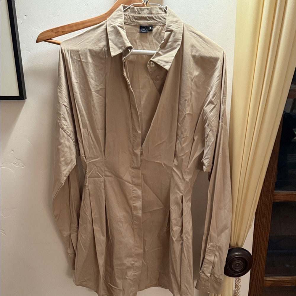 Beige Long-Sleeve Button-Up shirt dress